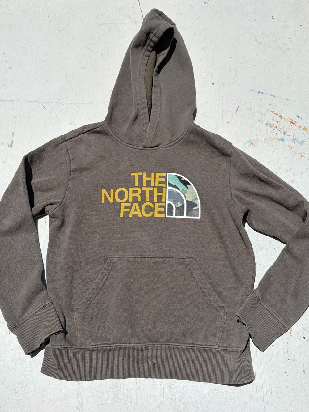 Boy's North Face Hoodie Green Logo M Pocket Outdoor Cotton Camp Hike Distressed
